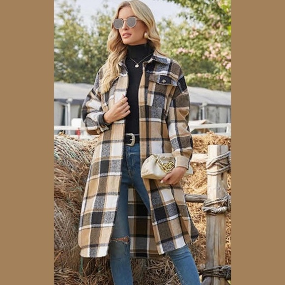 Brown Multi-color plaid long Shacket - Picture 2 of 3